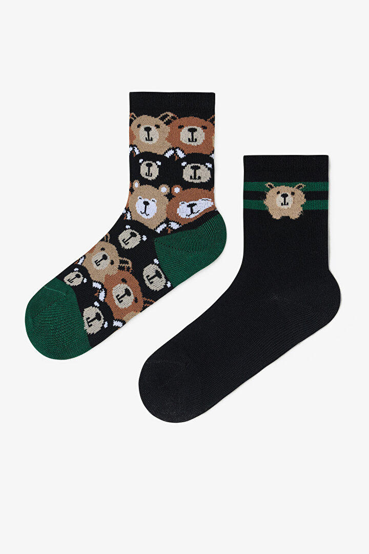 Siyah Erkek Çocuk Bear Friends Ayı Desenli 2'li Soket Çorap - 1