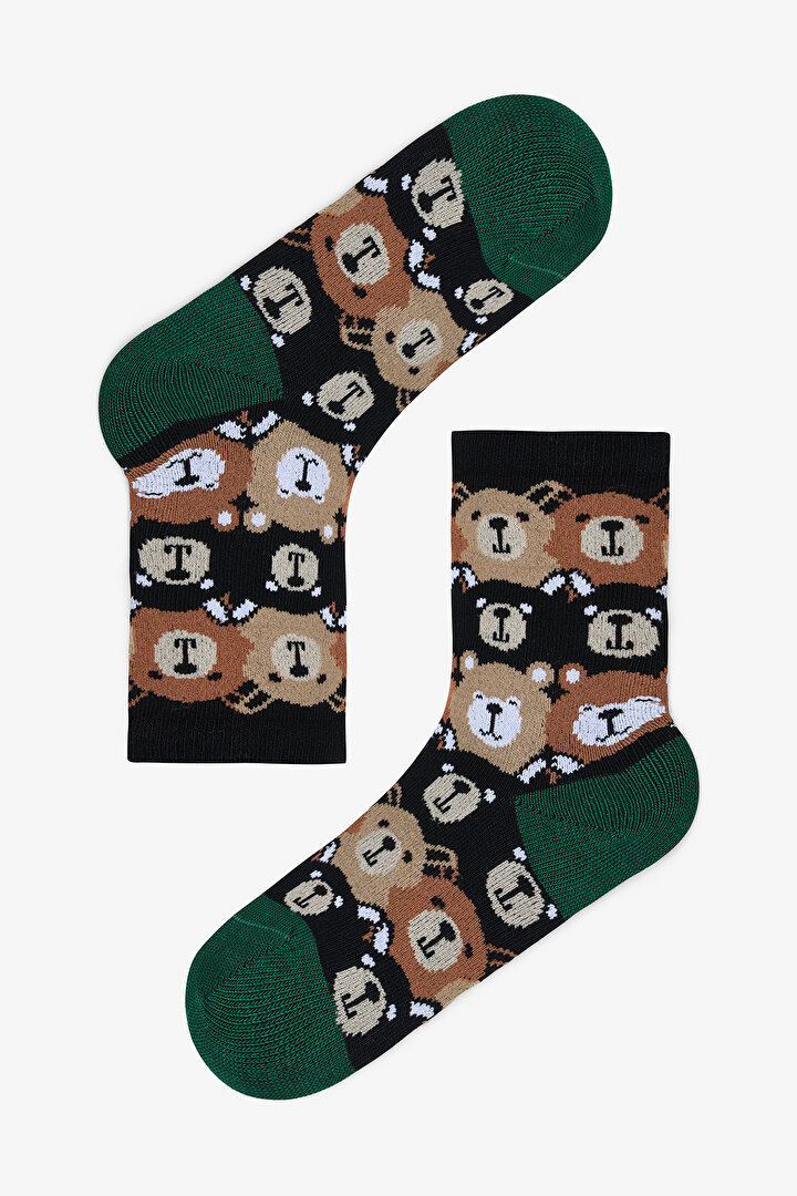 Siyah Erkek Çocuk Bear Friends Ayı Desenli 2'li Soket Çorap - 2