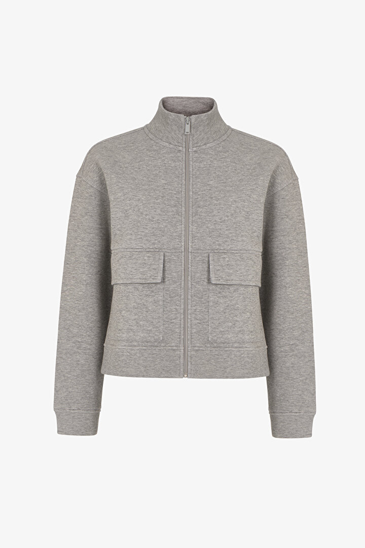 Grey Melange Black White Pocket Detailed Scuba Long Sleeve Jacket - 1