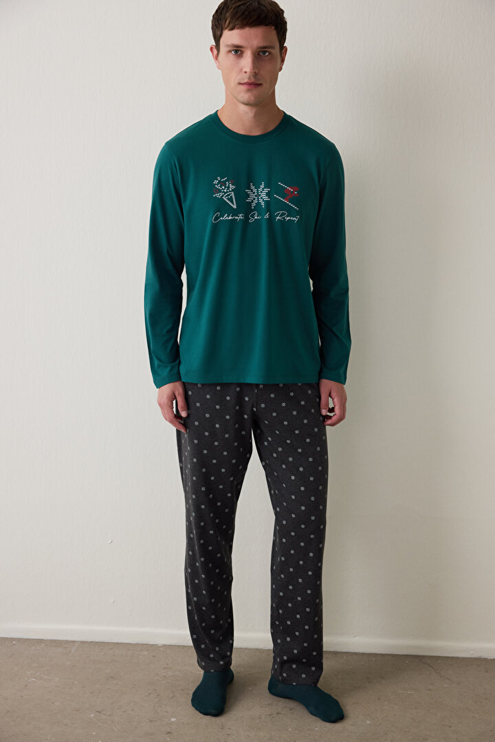 Yeşil Erkek Bisiklet Yaka Ekoseli Pamuklu Pijama Takımı - 1