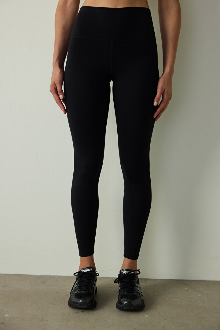 Siyah Yüksek Bel Pamuk Modal Karışımlı Slim Fit Spor Tayt - 2