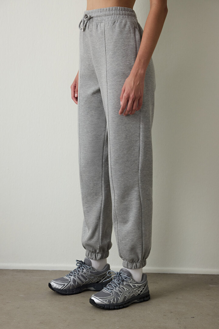 Gri Melanj Orta Bel Çift Dikişli Bağcıklı Oversize Jogger Eşofman Altı - 1