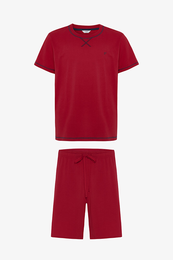 Alev Kırmızı Red Star Erkek Bisiklet Yaka Şortlu Pijama Takımı - 1