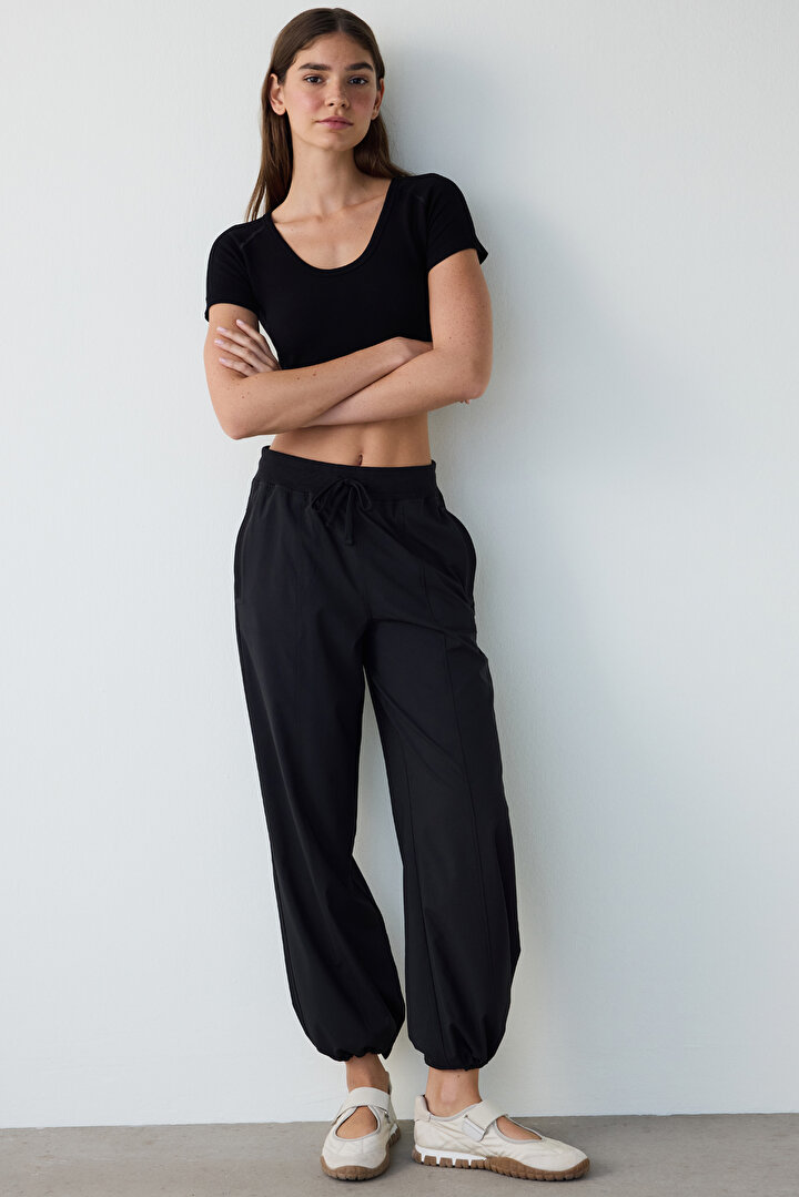 Black Oversize Normal Waist Laced Jogger Sweatpants - 2