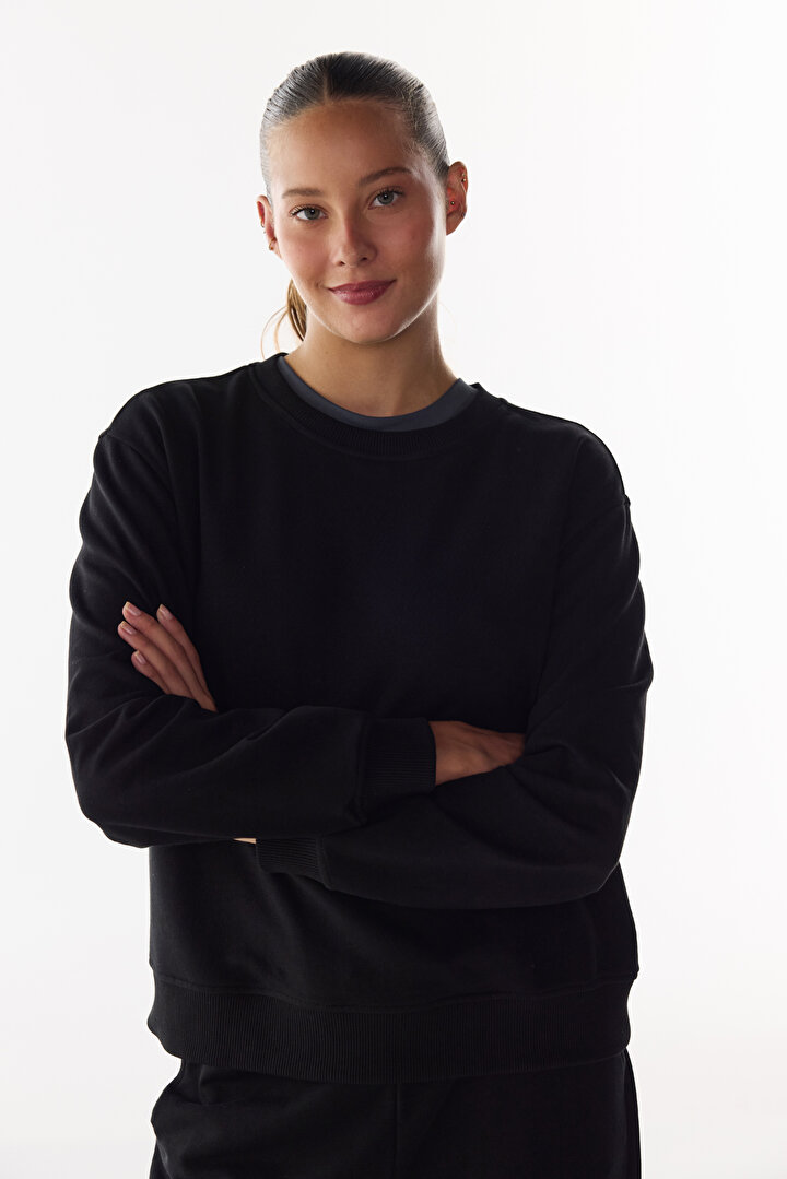 Siyah Oversize Bisiklet Yaka Sweatshirt - 1