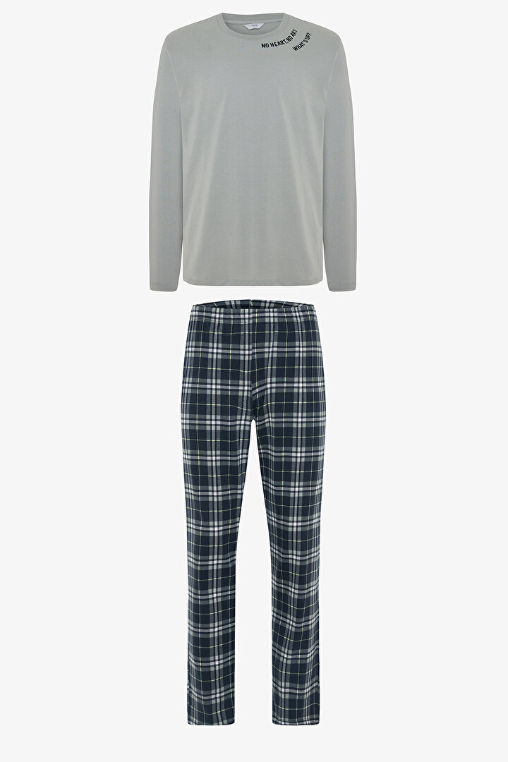 Whatsup Erkek Slogan Baskılı Uzun Kollu Pijama Takımı - 1