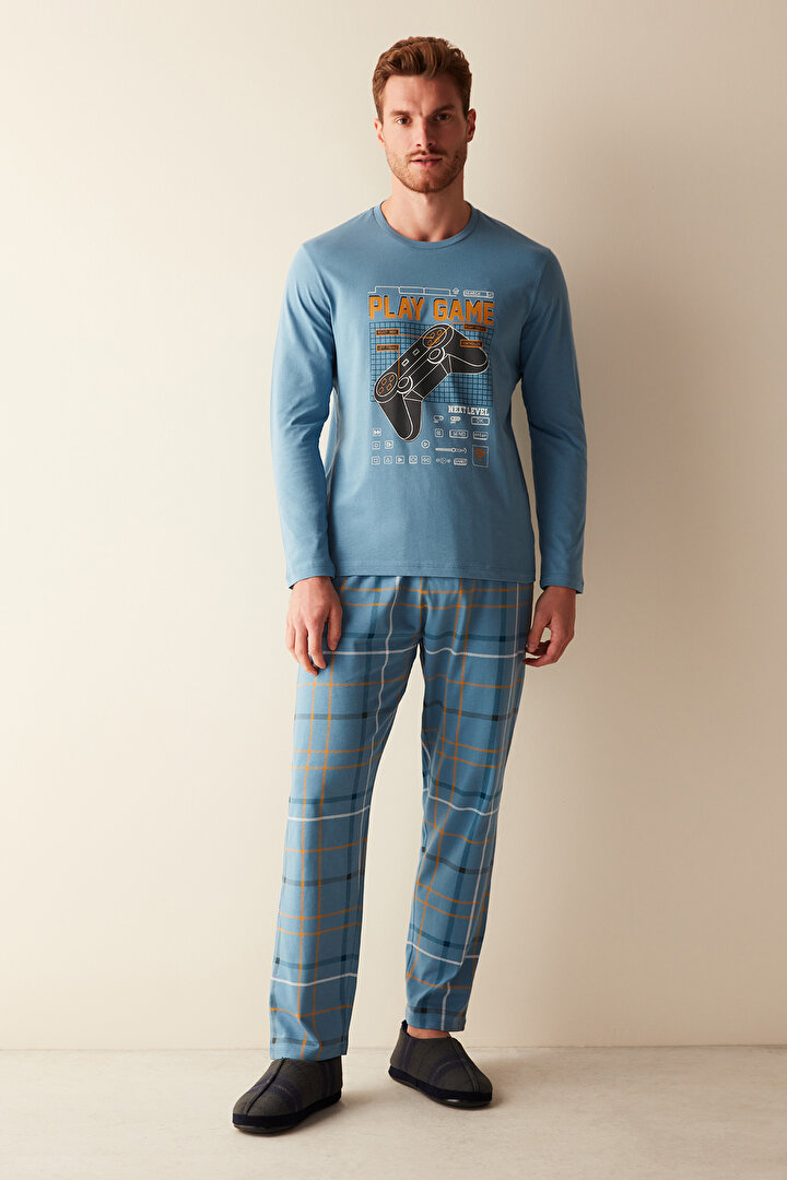 Gamer Uzun Kollu Pantolon Mavi Pijama Takımı - 2