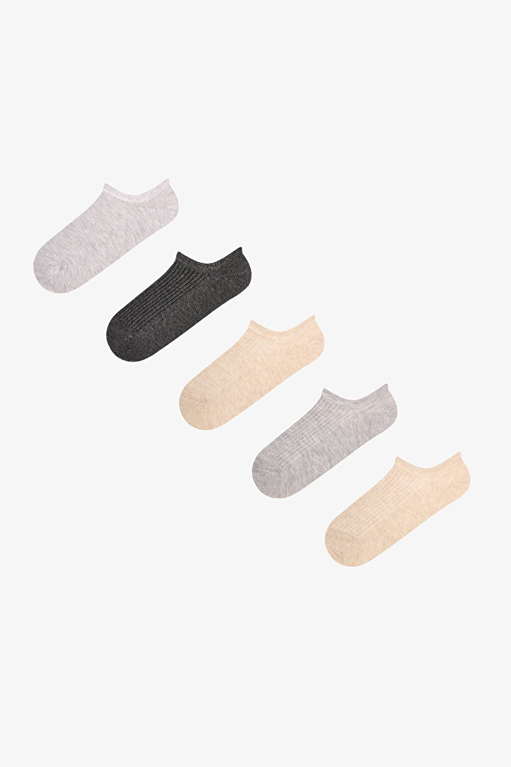 Grey Beige Classic Ribbed Cotton Jacquard 5 Pack Sneaker Socks - 1