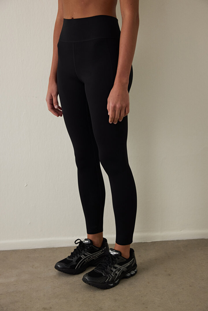 Siyah Yüksek Destek Cepli Yüksek Bel Spor Lock Pocket Tayt - 1