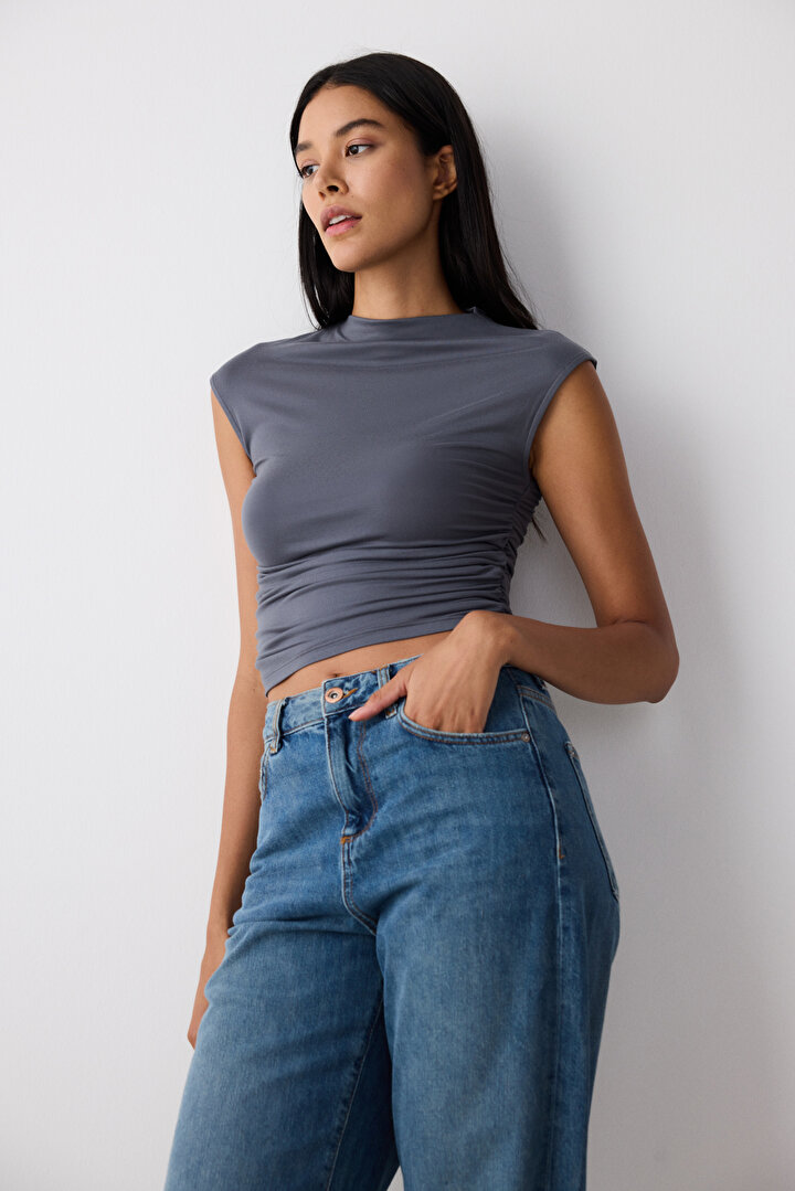 Side Shirring High Neck Grey Top - 1