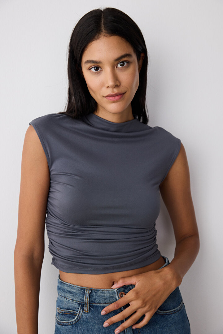 Side Shirring High Neck Grey Top - 2