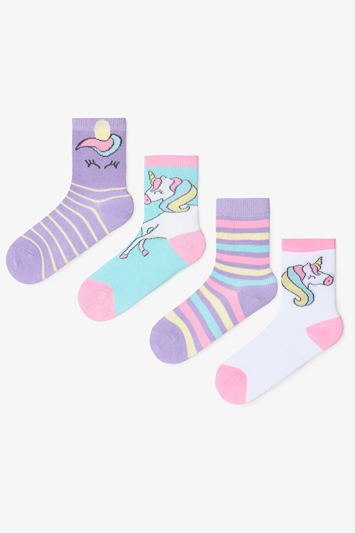 Kız Çocuk Gökkuşağı Unicorn Desenli 4'lü Pamuklu Soket Çorap - 1