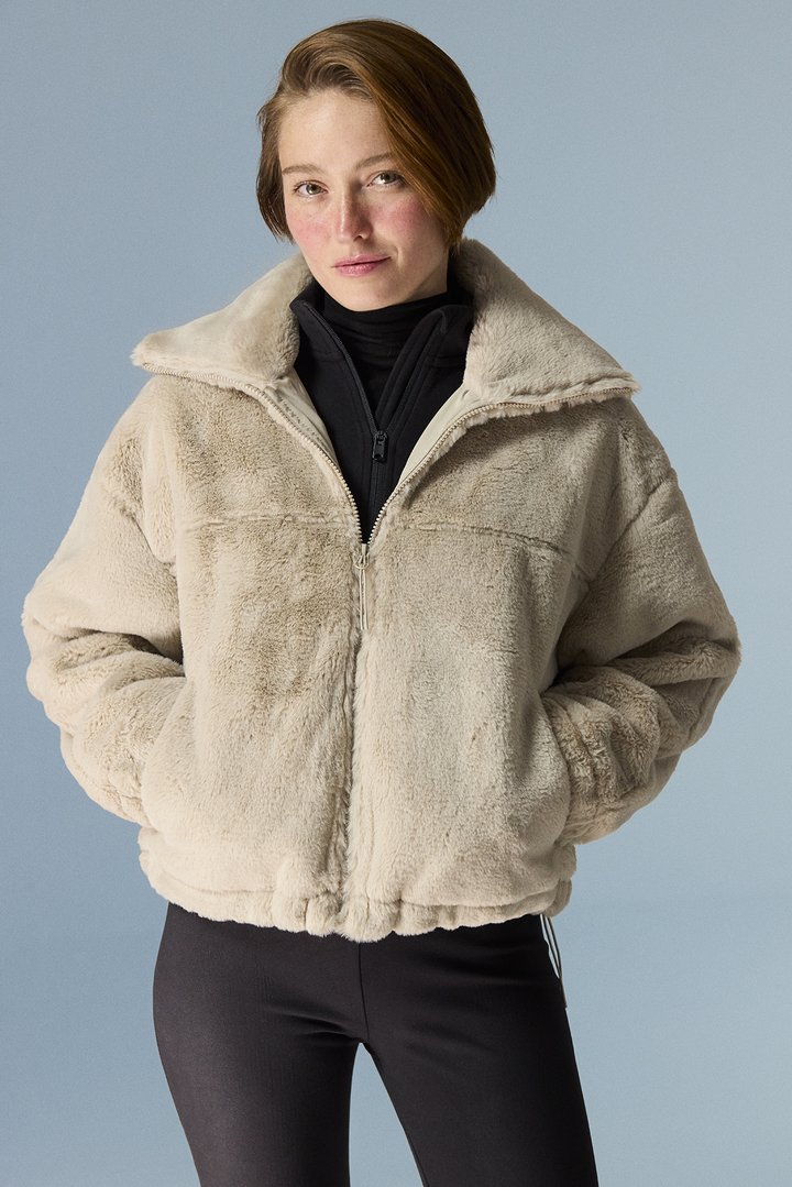 Beige Faux Furr Sporty Zipped Long Sleeve Jacket - 2