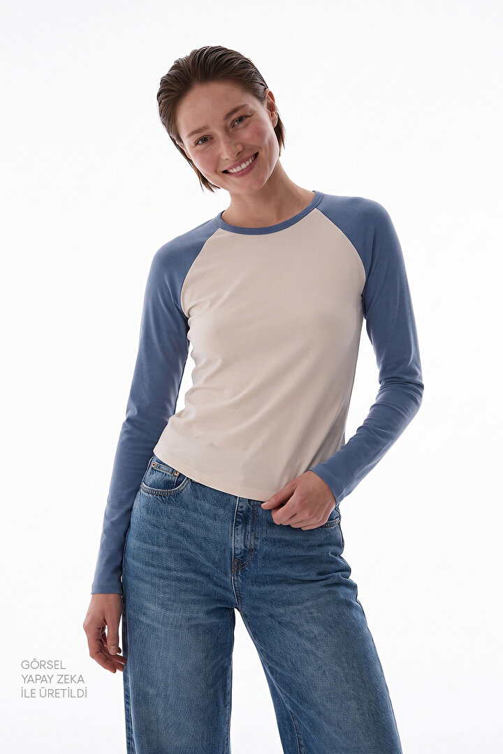 Mavi Raglan Contrast Uzun Kollu Bluz - 2