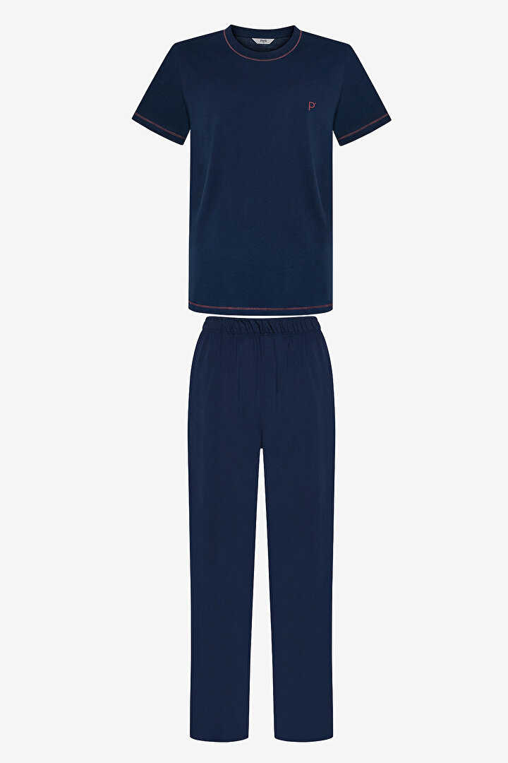 Burgundy Navy Blue Pant PJ Set - 1