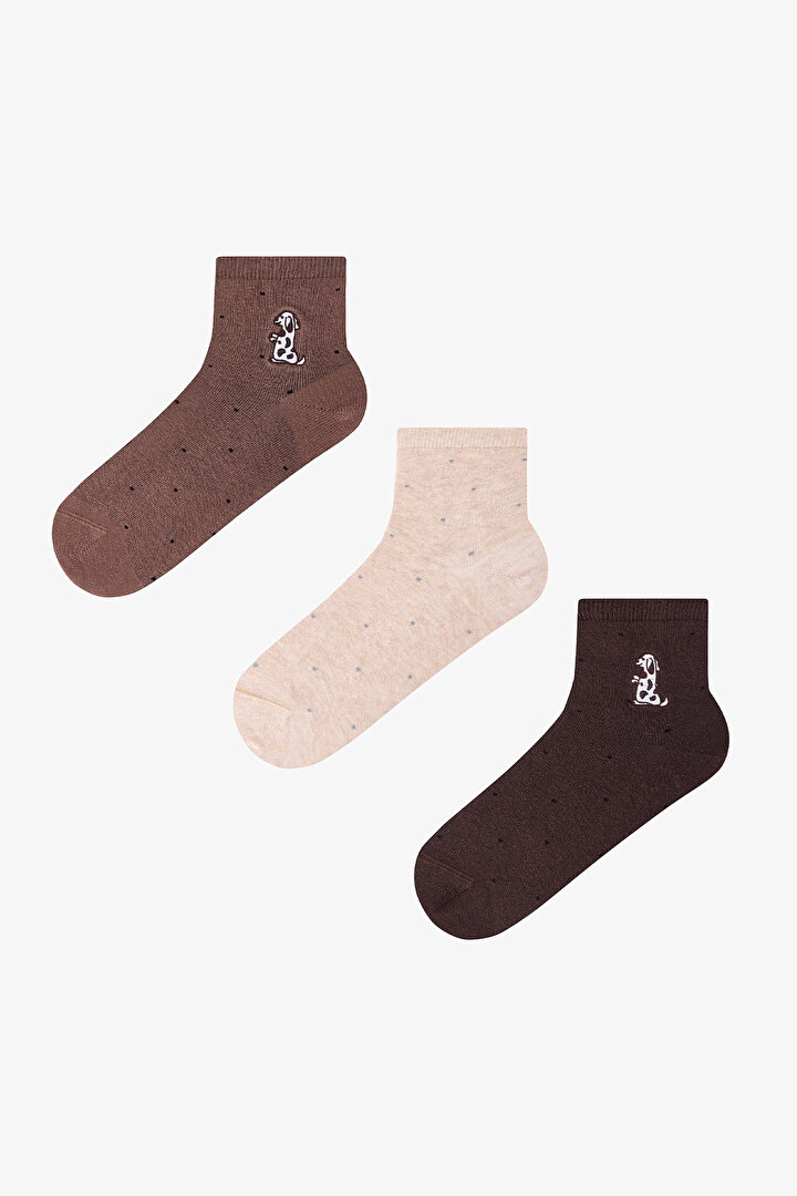3 Çift Burun Dikişsiz Pamuklu Renkli Köpek Nakışlı Ara Boy Soket Çorap - 1