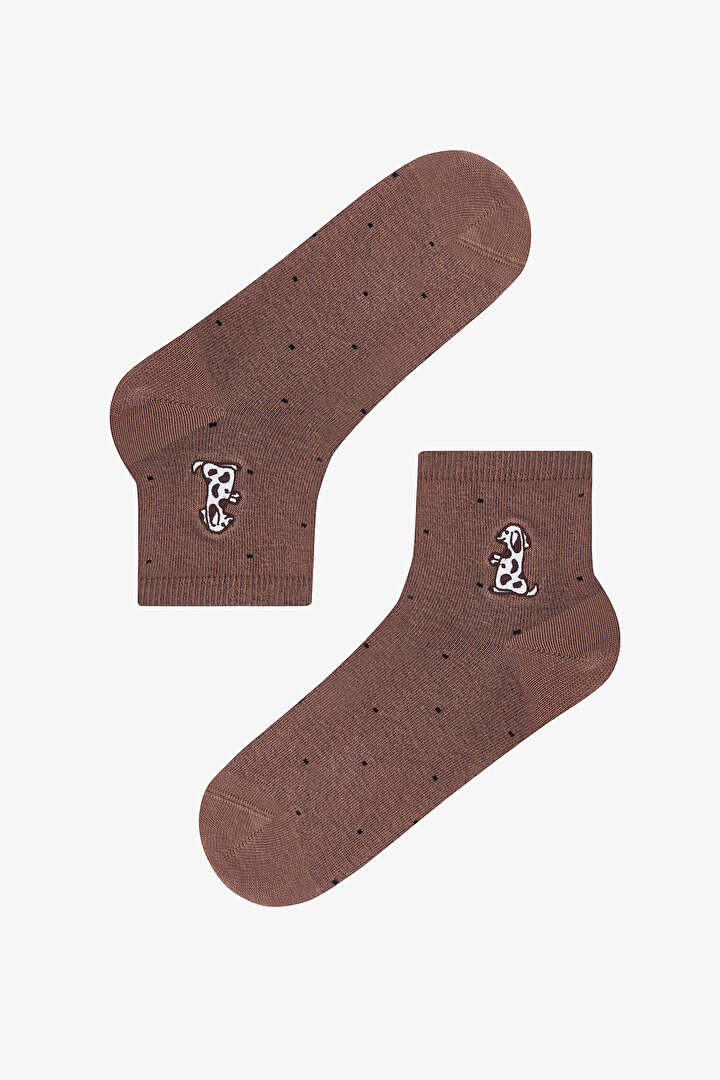 3 Çift Burun Dikişsiz Pamuklu Renkli Köpek Nakışlı Ara Boy Soket Çorap - 2