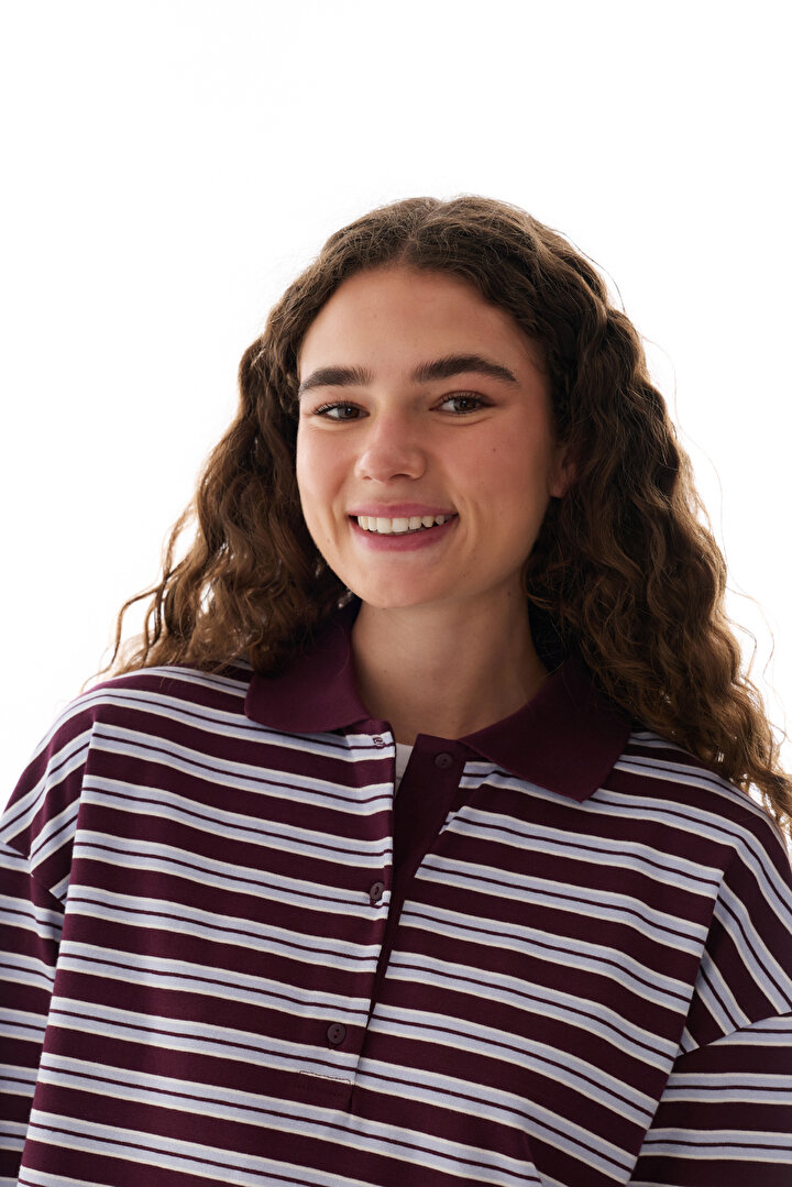 Striped Polo Neck Long Sleeve Top - 2