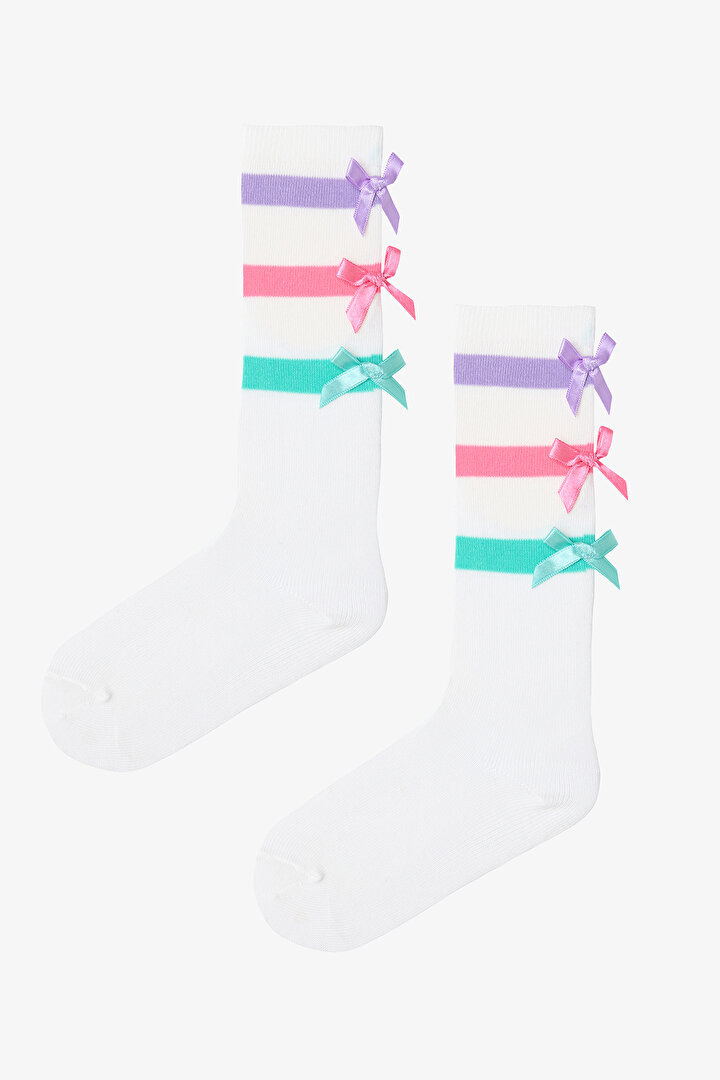 Beyaz - Açık Pembe Fiyonklu Kız Çocuk Pantolon Çorabı - 1