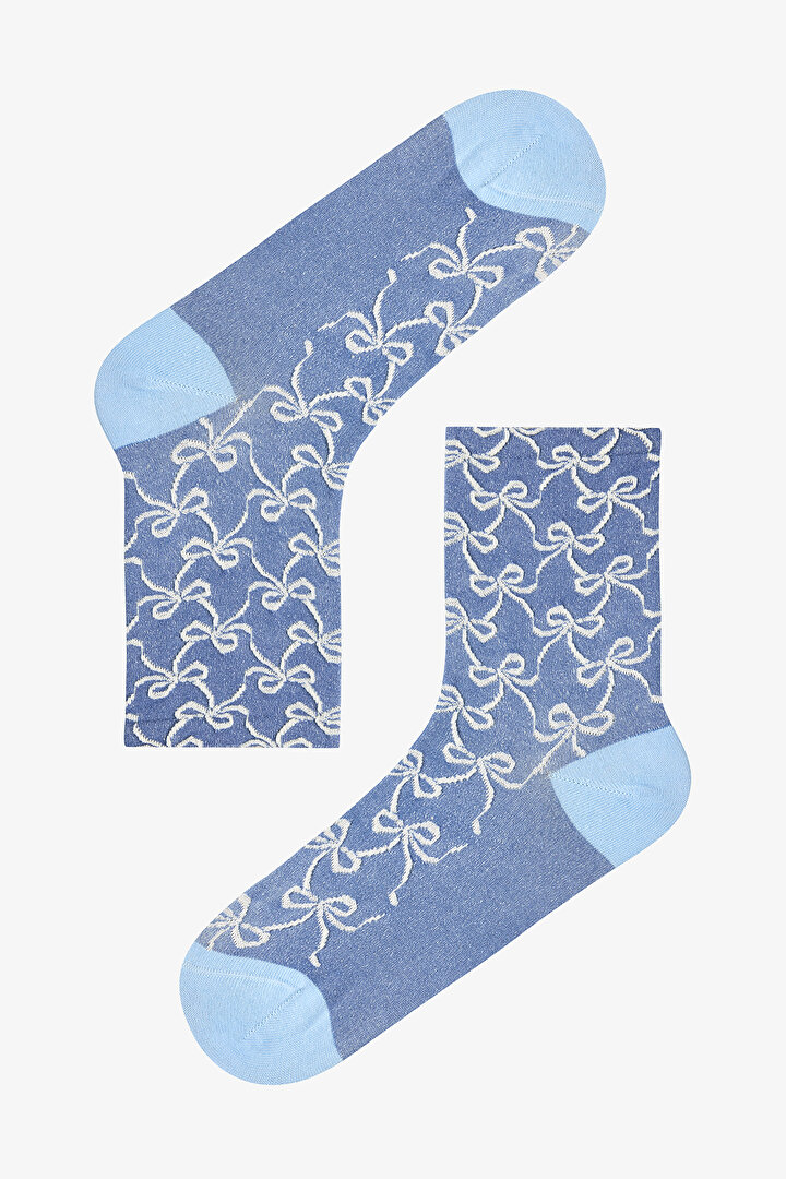 Beyaz Mavi Ribbon Charm 2'li Soket Çorap - 2