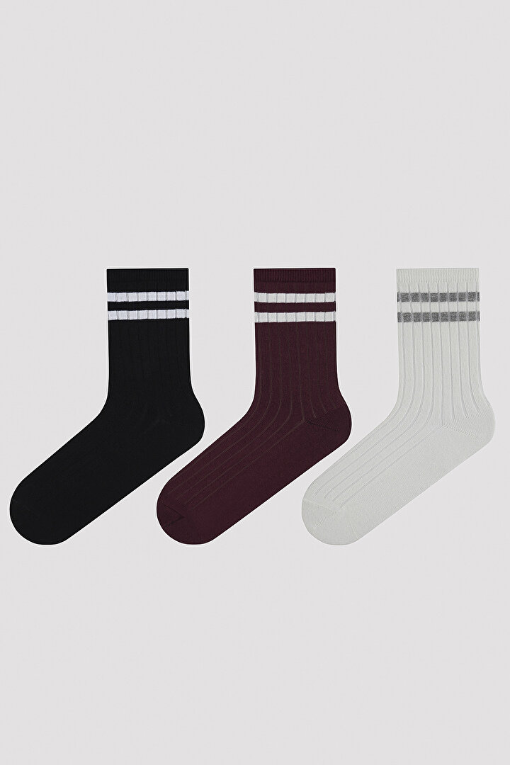 Çizgili Renkli 3lü Soket Çorap - 1