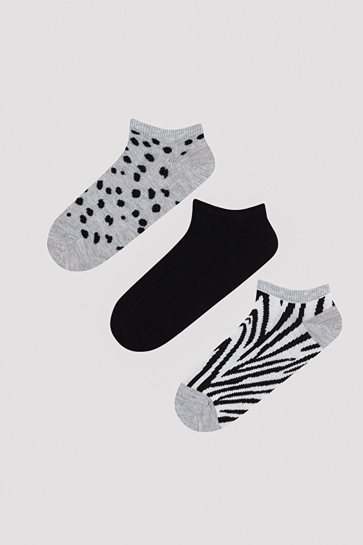 Zebra Ve Puantiye Desenli 3lü Patik Çorap - 1