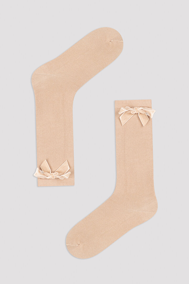 Bej Kız Çocuk Kurdeleli Pantolon Çorabı - 1