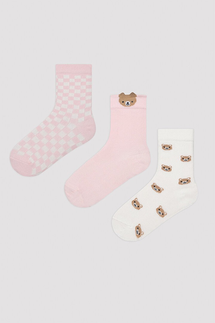 Kız Çocuk Pembe Mini Bear 3lü Çok Renkli Soket Çorap - 1