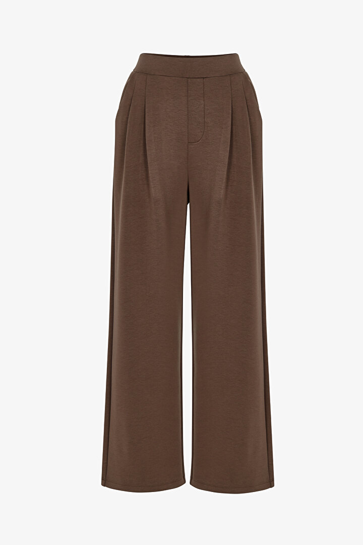Brown Şık Pliseli Yüksek Bel Pantolon - 1