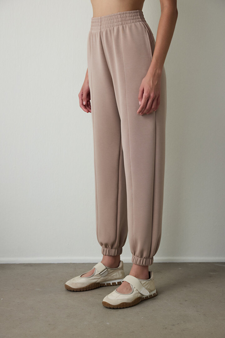 Beige High Waisted Stitched Modal Jogger - 1