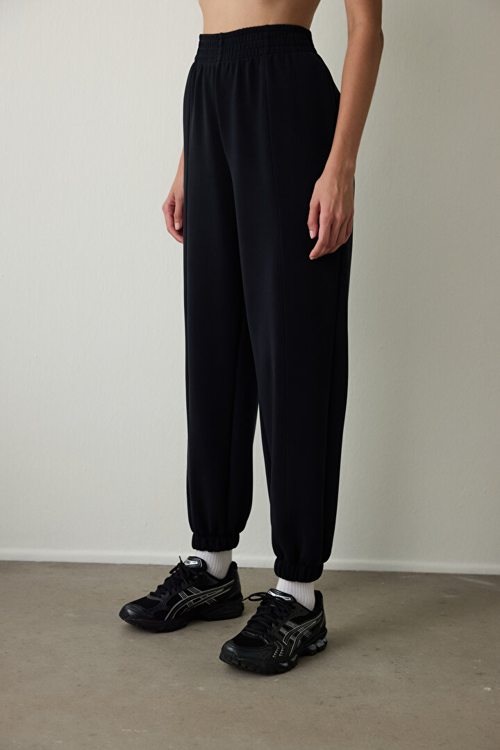 Black Stitched Detailed High Waist Modal Jogger - 1