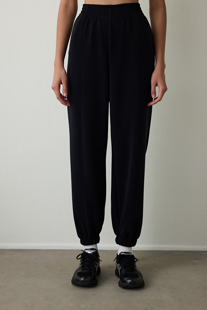 Black Stitched Detailed High Waist Modal Jogger - 2