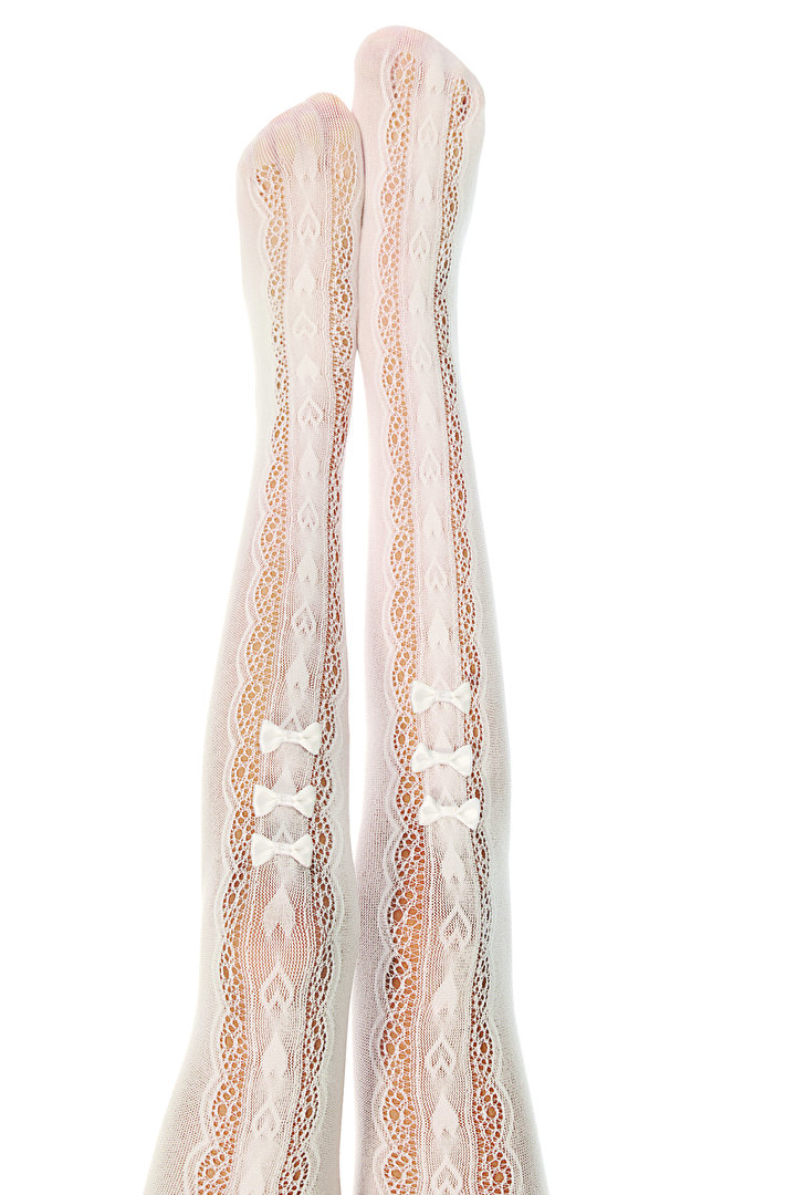 Beyaz Kız Çocuk Fiyonk Detaylı File Külotlu Çorap - 1