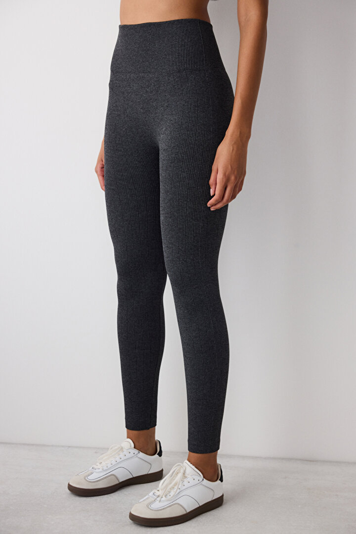 Dark Gray Seamless Ribbed Warm High Waist Leggings - 1