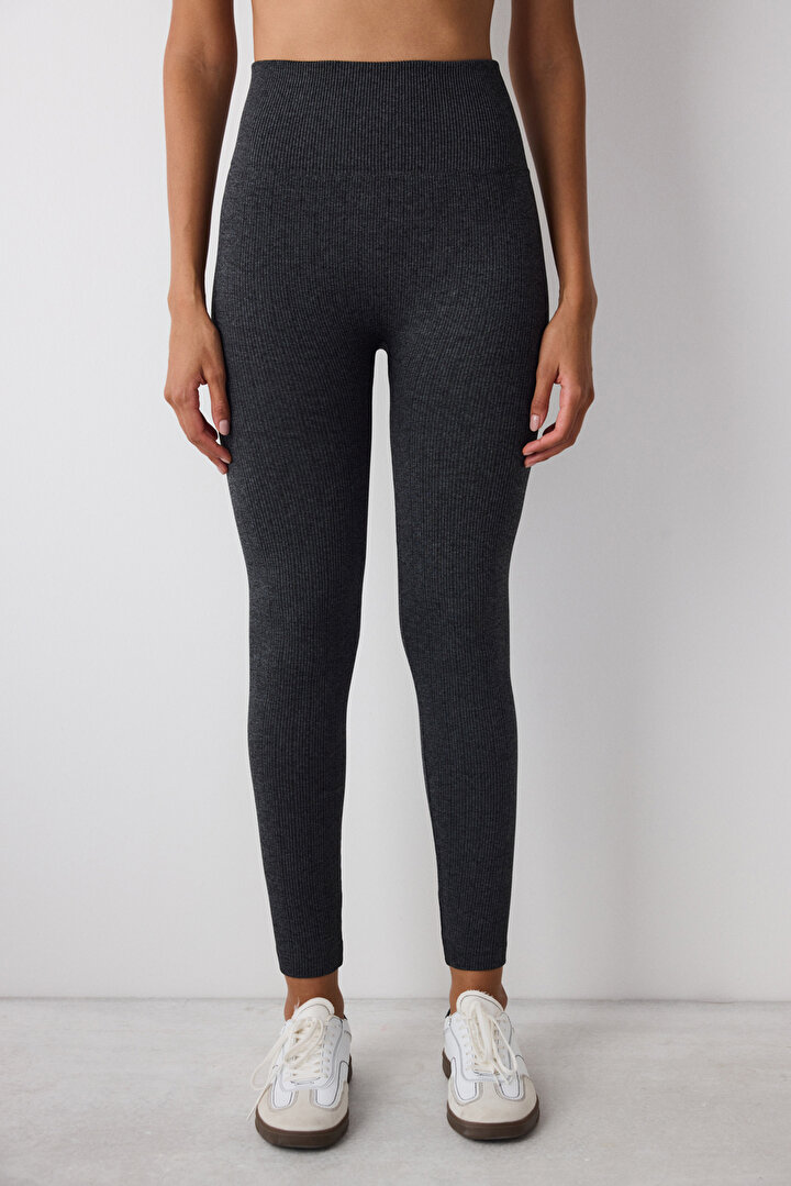 Dark Gray Seamless Ribbed Warm High Waist Leggings - 2