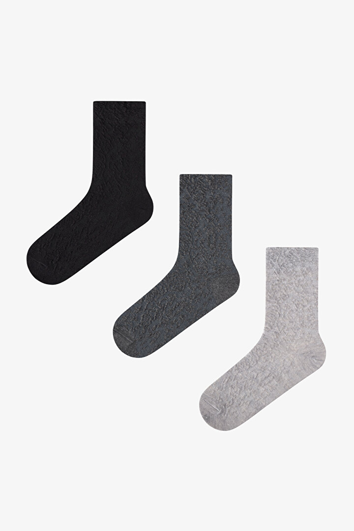 Light Grey Black Elegance Texture Cotton Jacquard 3 Pack Ankle Socks - 1