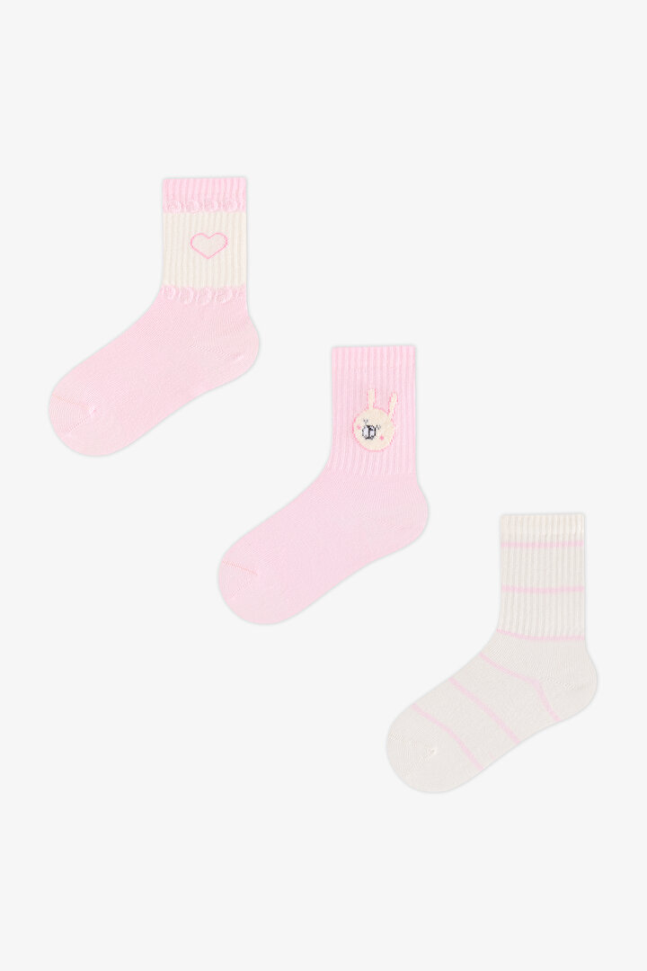 Kız Çocuk Pembe Little Pink Bunny Tavşan Desenli Pamuklu 3 Çift Soket Çorap - 1