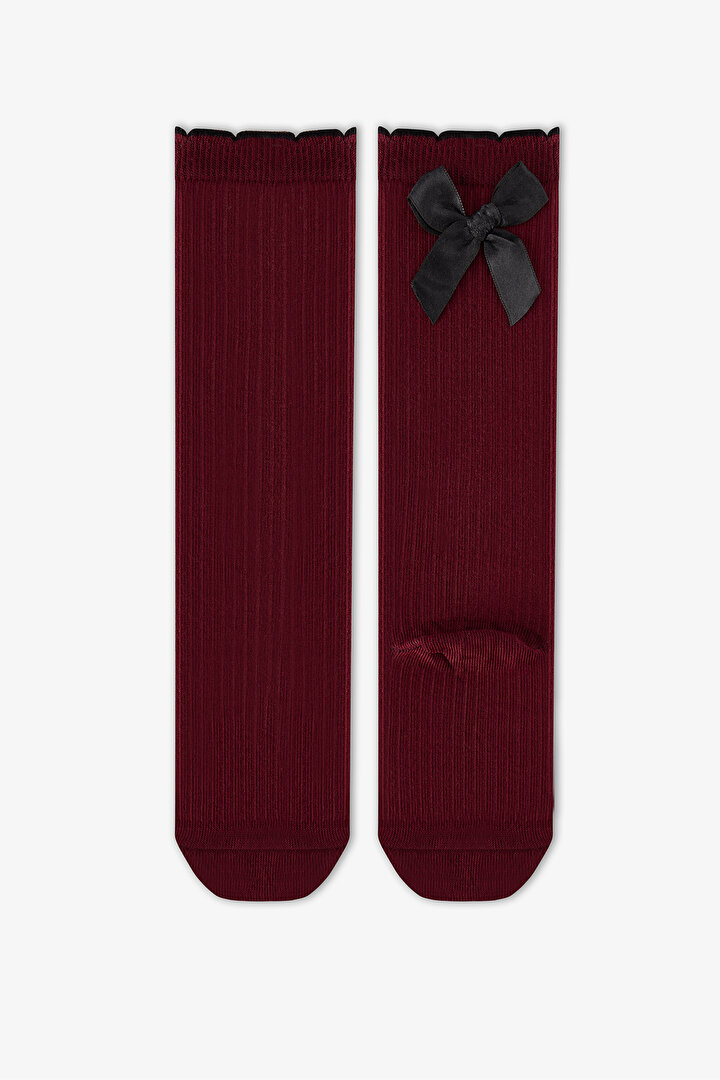 Kız Çocuk Bordo Preppy Sweetie Fiyonk Desenli Pamuklu Pantolon Çorap - 1