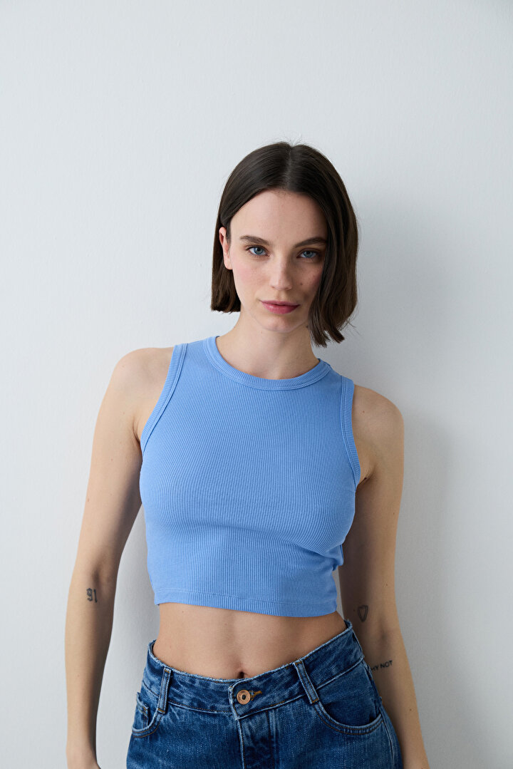 Mavi Halter Yaka Fitilli Crop Atlet - 1