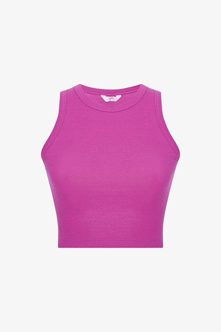 Fuşya Halter Yaka Fitilli Crop Atlet - 1