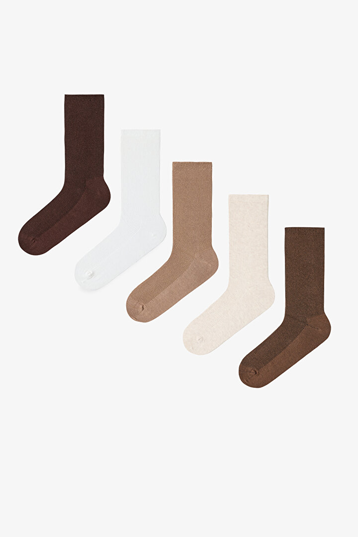 5 Çift Pamuklu Ribli Renkli Soket Çorap - 1