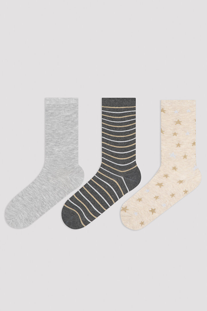 Çok Renkli Desenli 3'lü Soket Çorap - 1