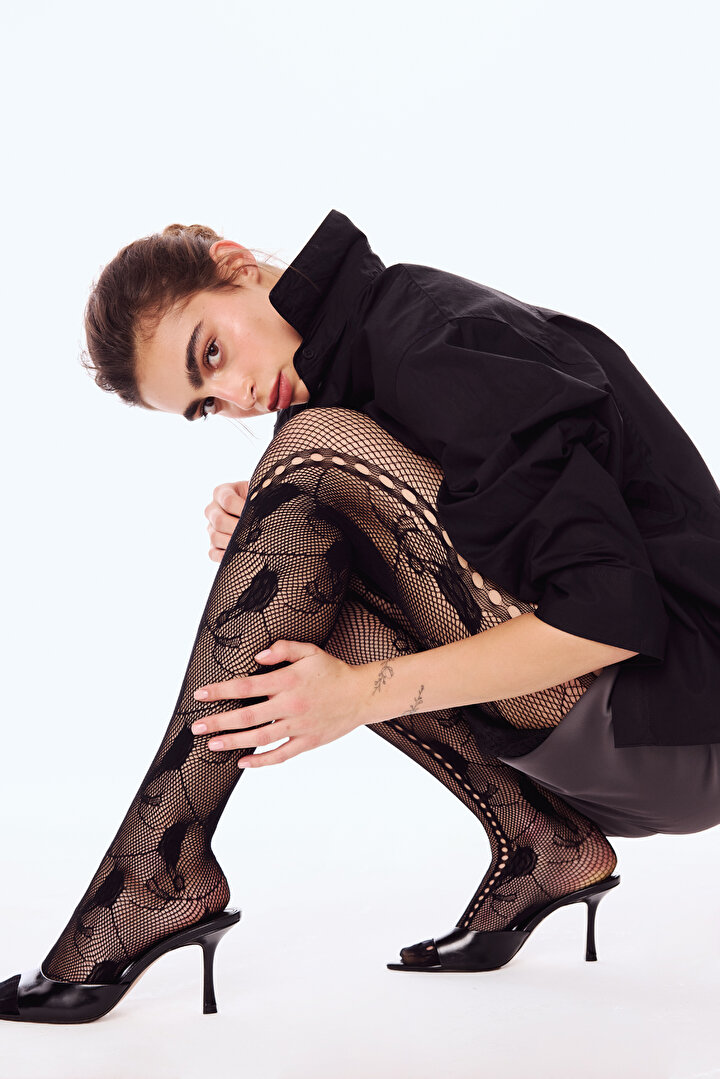 Black Floral Desire Fishnet Tights - 1