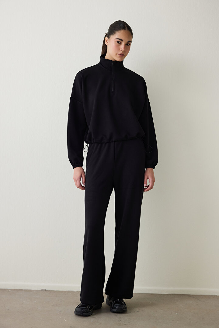 Siyah Silky Feel Dik Yaka Crop Sweatshirt - 1
