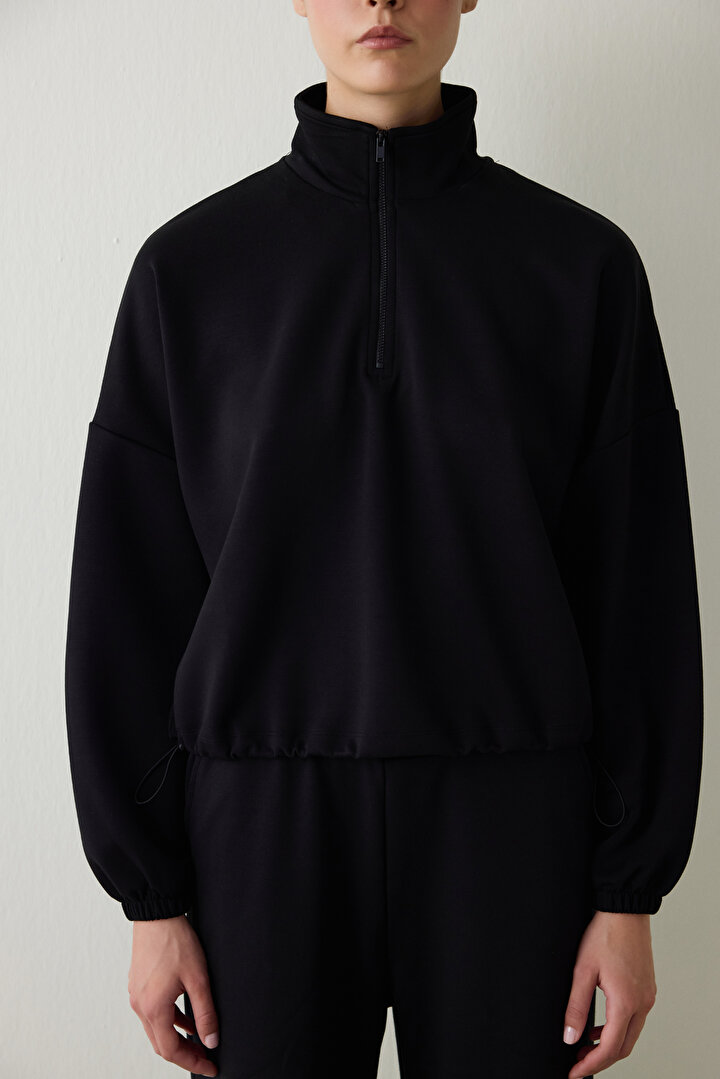Siyah Silky Feel Dik Yaka Crop Sweatshirt - 2