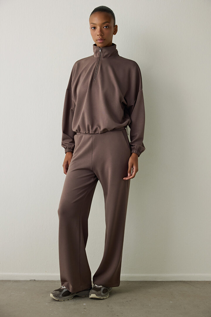 Haki Silky Feel Dik Yaka Crop Sweatshirt - 1