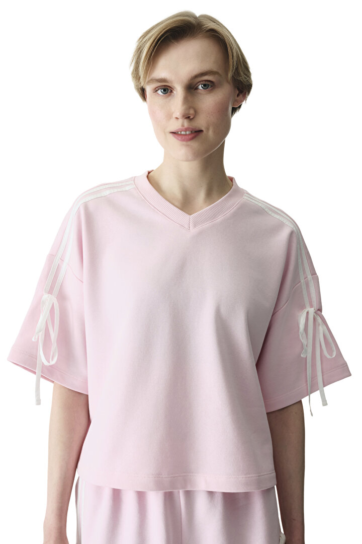 Light Pink Bow Detail V-Neck Oversize Top - 1
