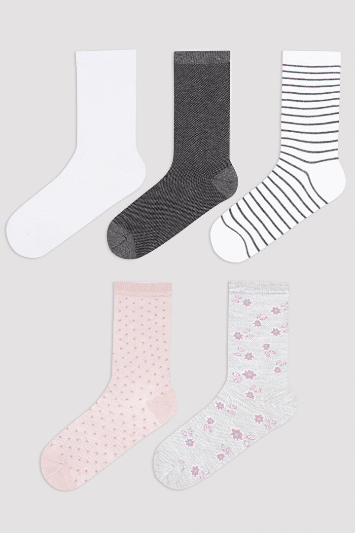 Çok Renkli Çicekli Çizgili 5'li Soket Çorap - 1