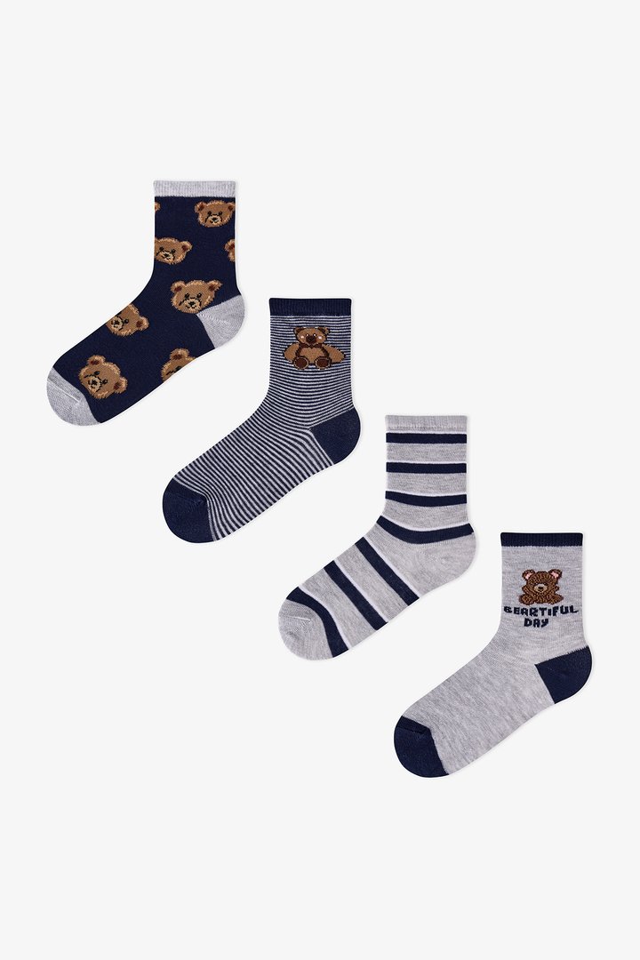 Erkek Çocuk Koyu Mavi Navy Teddy Ayı Desenli Pamuklu 4 Çift Soket Çorap - 1
