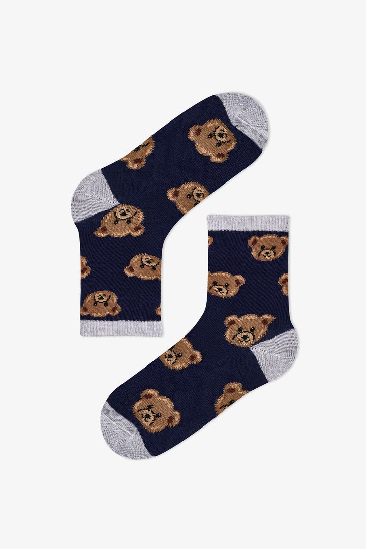 Erkek Çocuk Koyu Mavi Navy Teddy Ayı Desenli Pamuklu 4 Çift Soket Çorap - 2